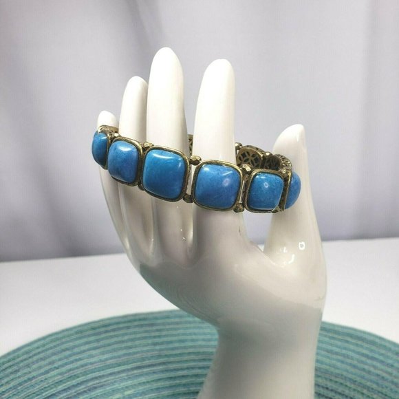 Fossil Stretch Square Blue Beaded Link Bracelet Dark Gold Hardware 7" - Picture 1 of 8
